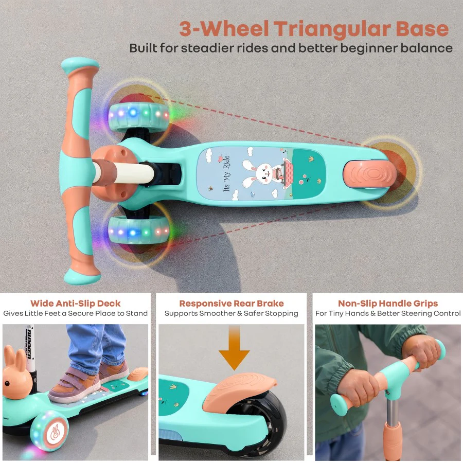 Road Runner Bunny Scooter For Kids With PU LED Wheels - Green Peach - Image 5