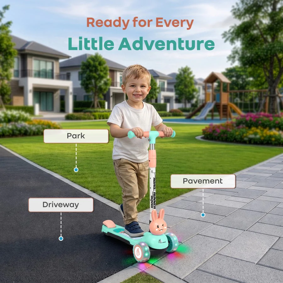 Road Runner Bunny Scooter For Kids With PU LED Wheels - Green Peach - Image 7