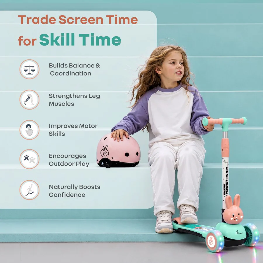 Road Runner Bunny Scooter For Kids With PU LED Wheels - Green Peach - Image 8