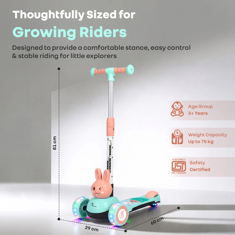 Road Runner Bunny Scooter For Kids With PU LED Wheels - Green Peach - Image 9