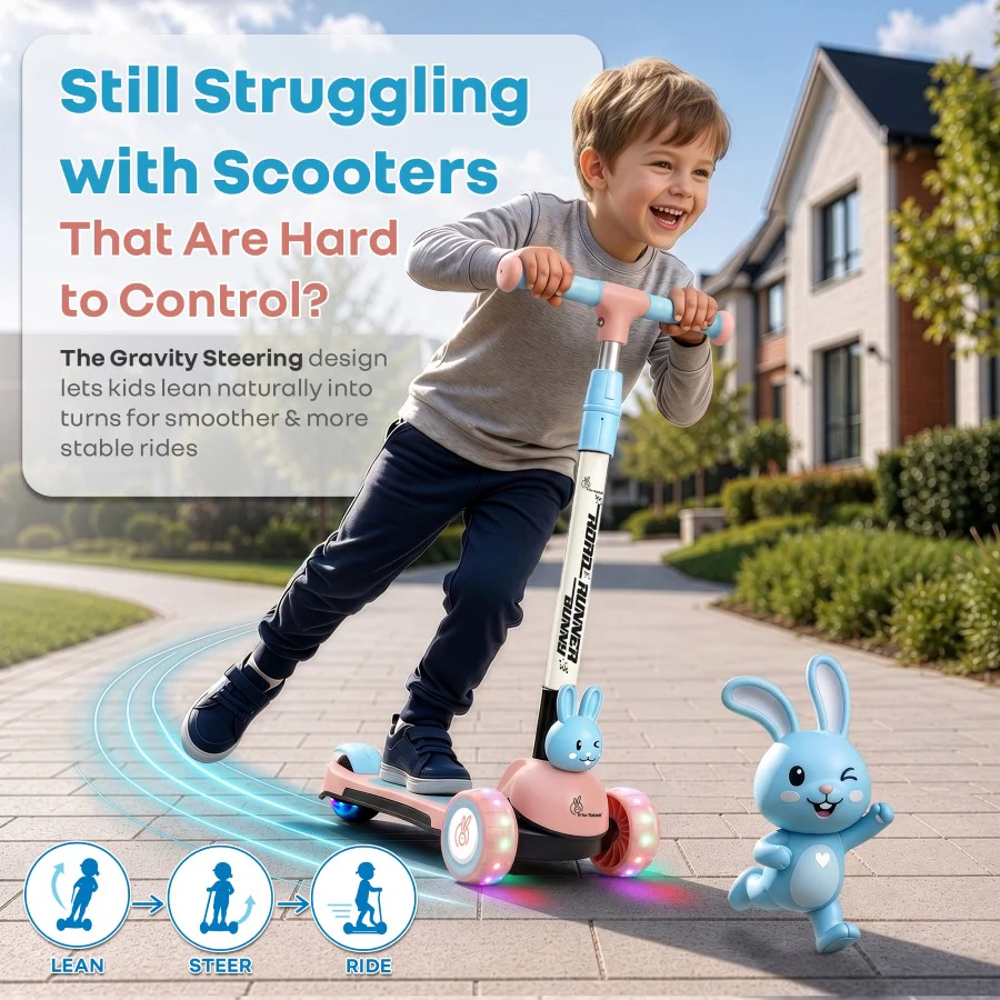 Road Runner Bunny Scooter For Kids With PU LED Wheels - Pink Blue - Image 2