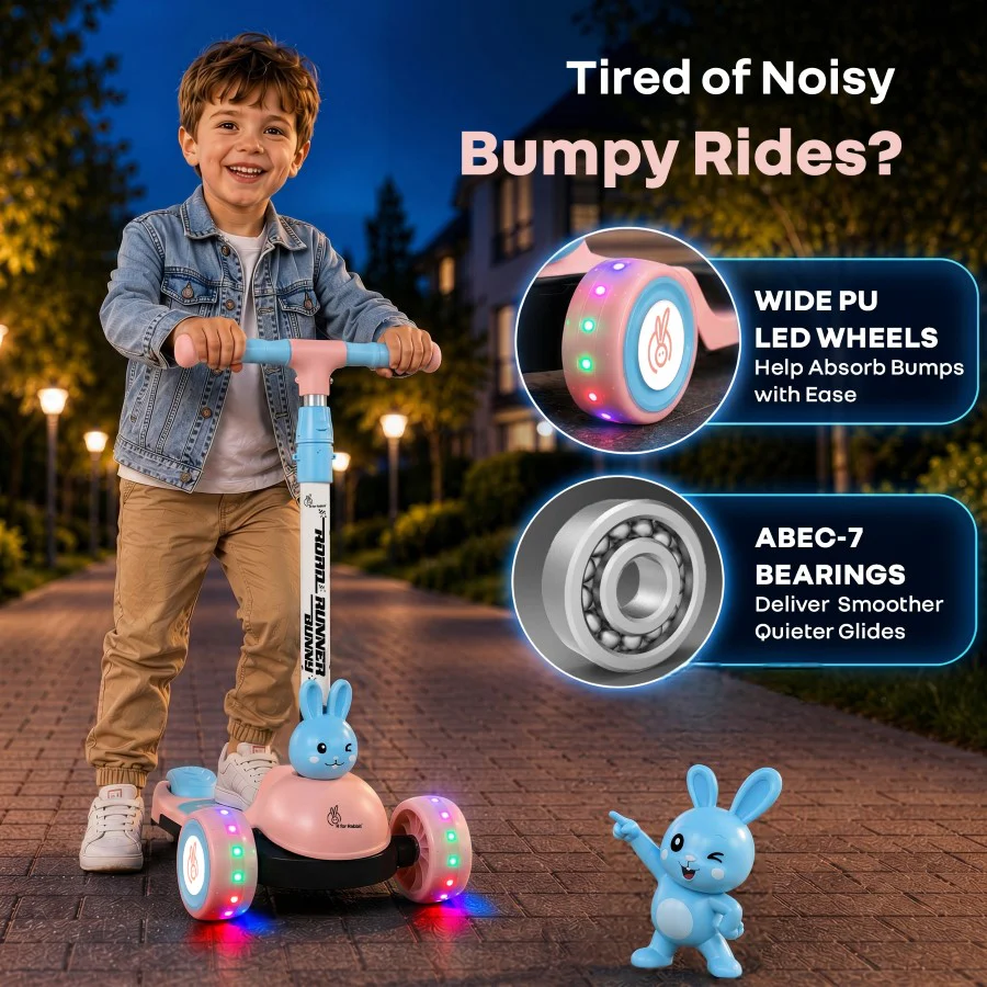 Road Runner Bunny Scooter For Kids With PU LED Wheels - Pink Blue - Image 3