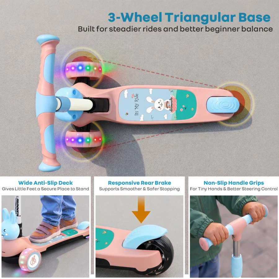 Road Runner Bunny Scooter For Kids With PU LED Wheels - Pink Blue - Image 5