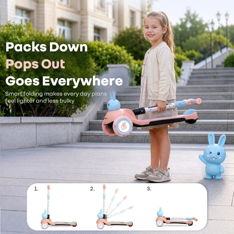 Road Runner Bunny Scooter For Kids With PU LED Wheels - Pink Blue - Image 6