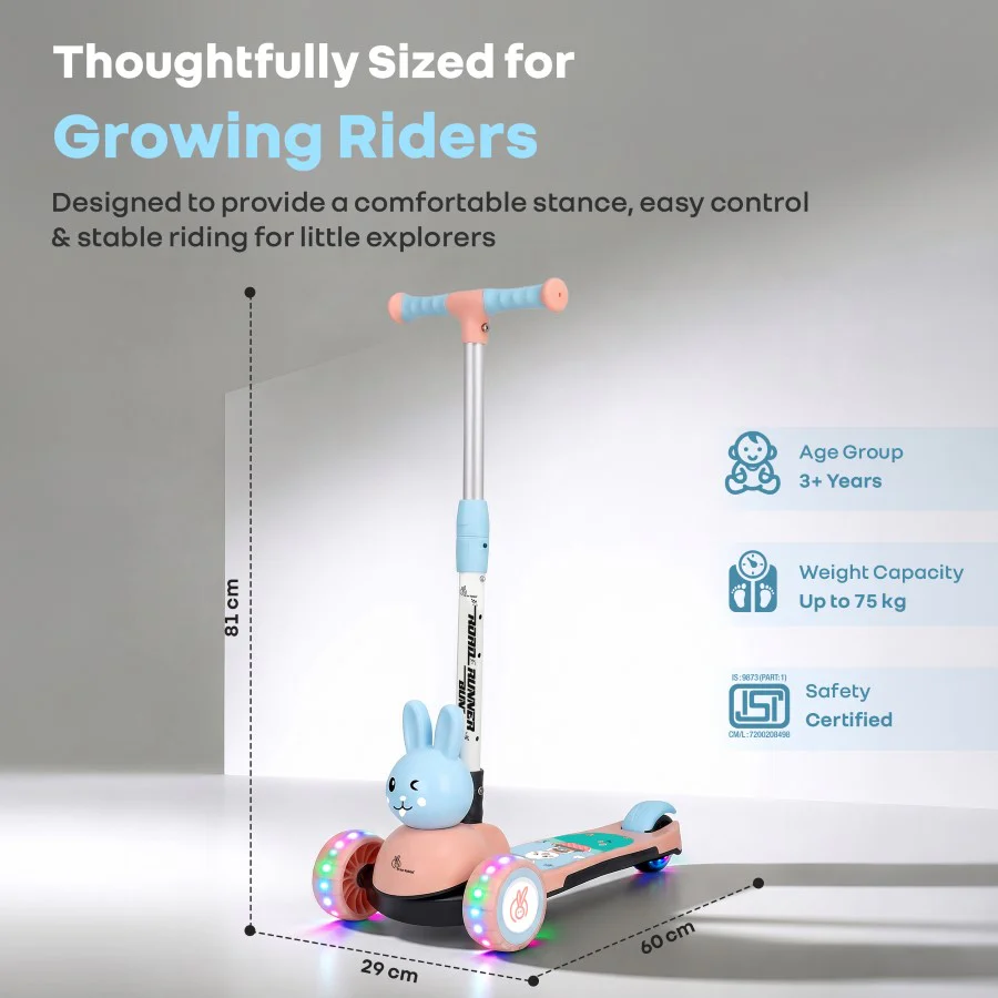 Road Runner Bunny Scooter For Kids With PU LED Wheels - Blue Peach - Image 2