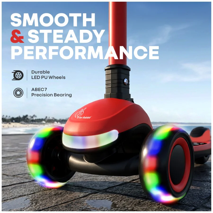 Road Runner Jazz Scooter for Kids With ABEC7 Bearings, LED PU Wheels & Foldable Frame - Red Black - Image 6