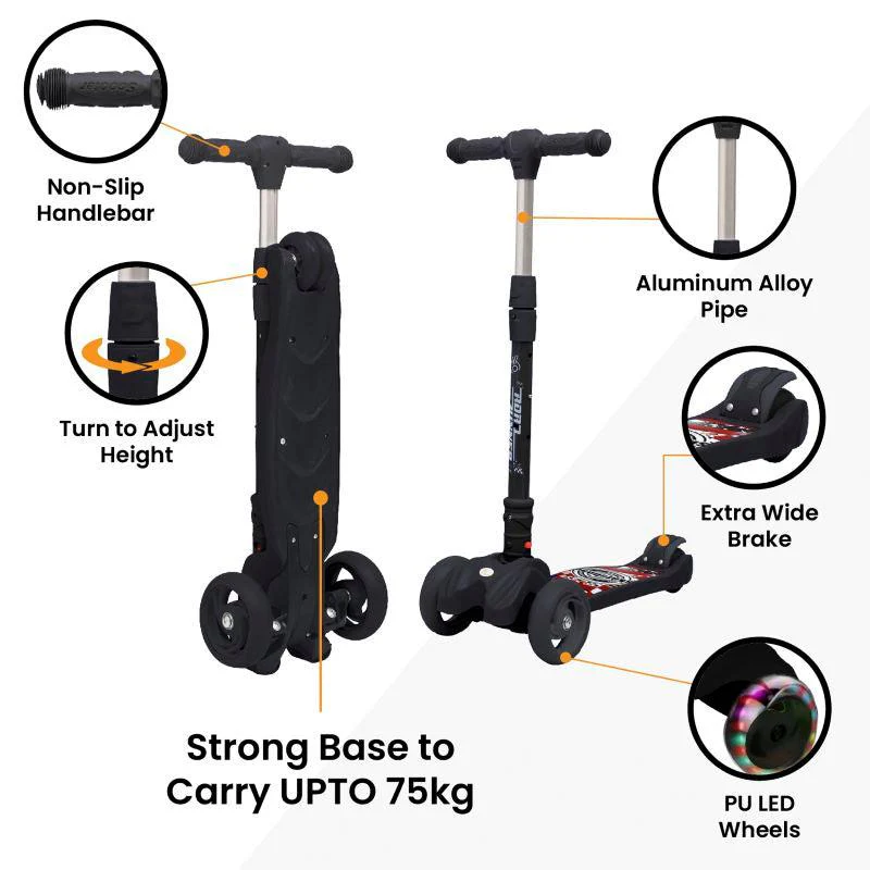 Road Runner Scooter For Kids - PU LED Wheels, 4 Level Height Adjustment, Anti Slip Deck, Safety Certified, 3-Wheel scooter, Easy use, 3-7years - Black - Image 6