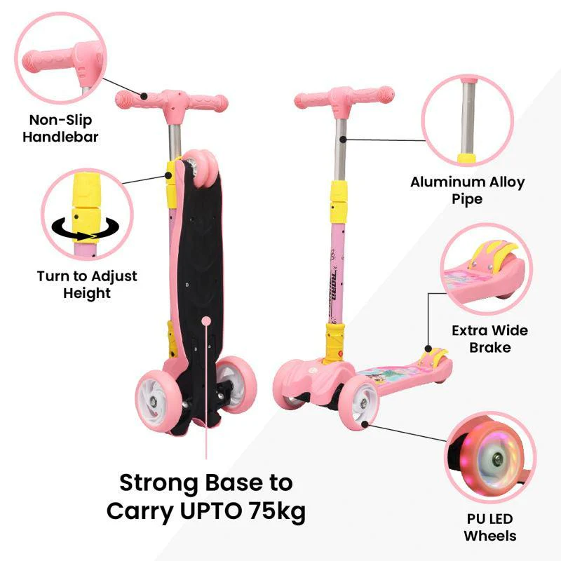 Road Runner Scooter For Kids - PU LED Wheels, 4 Level Height Adjustment, Anti Slip Deck, Safety Certified, 3-Wheel scooter, Easy use, 3-7years - Pink - Image 6