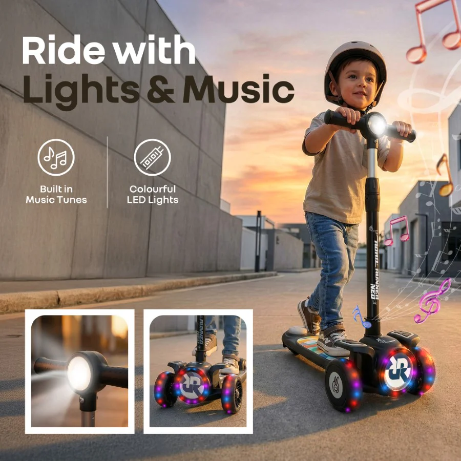 Road Runner Neo Kids Scooter with LED PU Wheels, Music, Gravity Steering, 4-Level Height Adjustment & BIS Certified Safety (3+ Years) - Black - Image 2