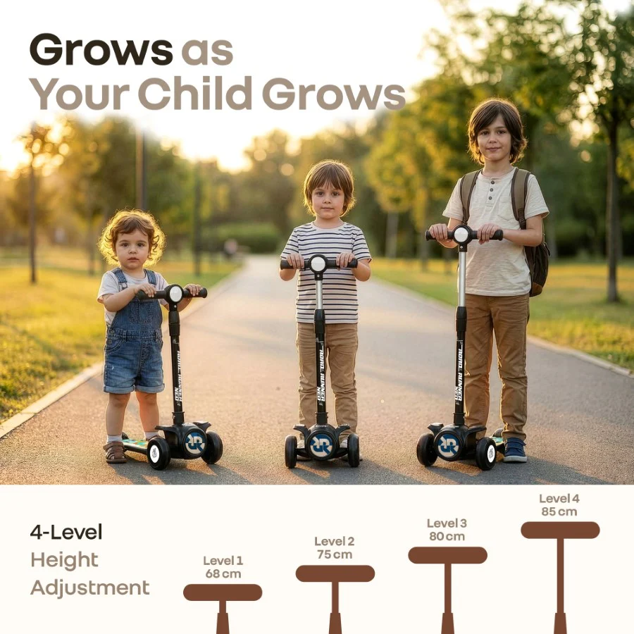 Road Runner Neo Kids Scooter with LED PU Wheels, Music, Gravity Steering, 4-Level Height Adjustment & BIS Certified Safety (3+ Years) - Black - Image 3