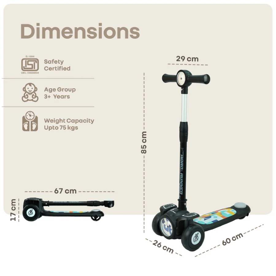 Road Runner Neo Kids Scooter with LED PU Wheels, Music, Gravity Steering, 4-Level Height Adjustment & BIS Certified Safety (3+ Years) - Black - Image 9