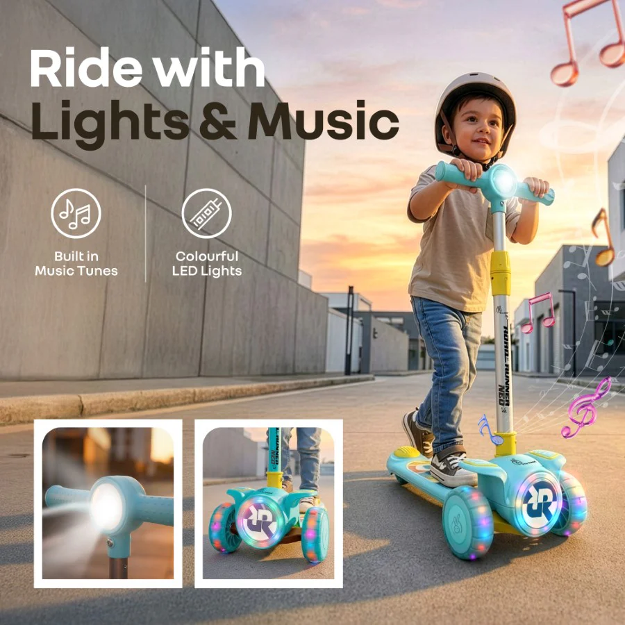 Road Runner Neo Kids Scooter with LED PU Wheels, Music, Gravity Steering, 4-Level Height Adjustment & BIS Certified Safety (3+ Years) - Blue Yellow - Image 2
