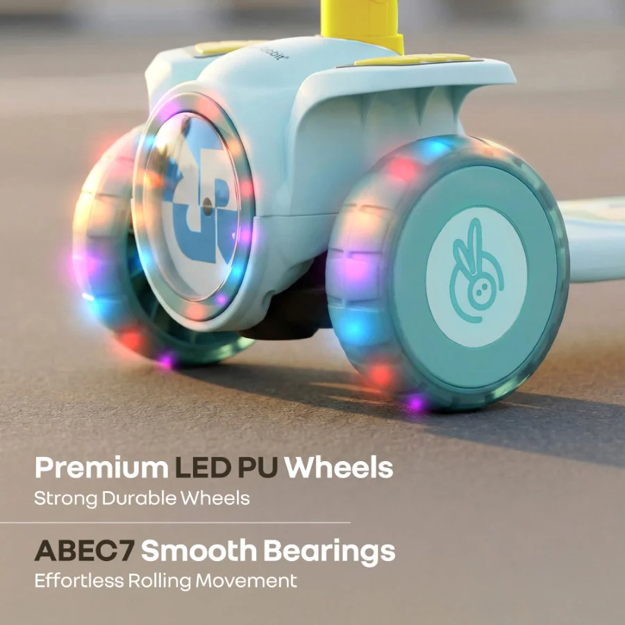 Road Runner Neo Kids Scooter with LED PU Wheels, Music, Gravity Steering, 4-Level Height Adjustment & BIS Certified Safety (3+ Years) - Blue Yellow - Image 4
