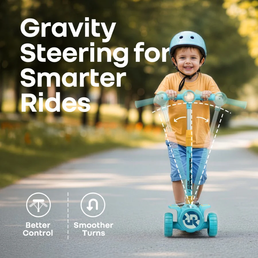 Road Runner Neo Kids Scooter with LED PU Wheels, Music, Gravity Steering, 4-Level Height Adjustment & BIS Certified Safety (3+ Years) - Blue Yellow - Image 6