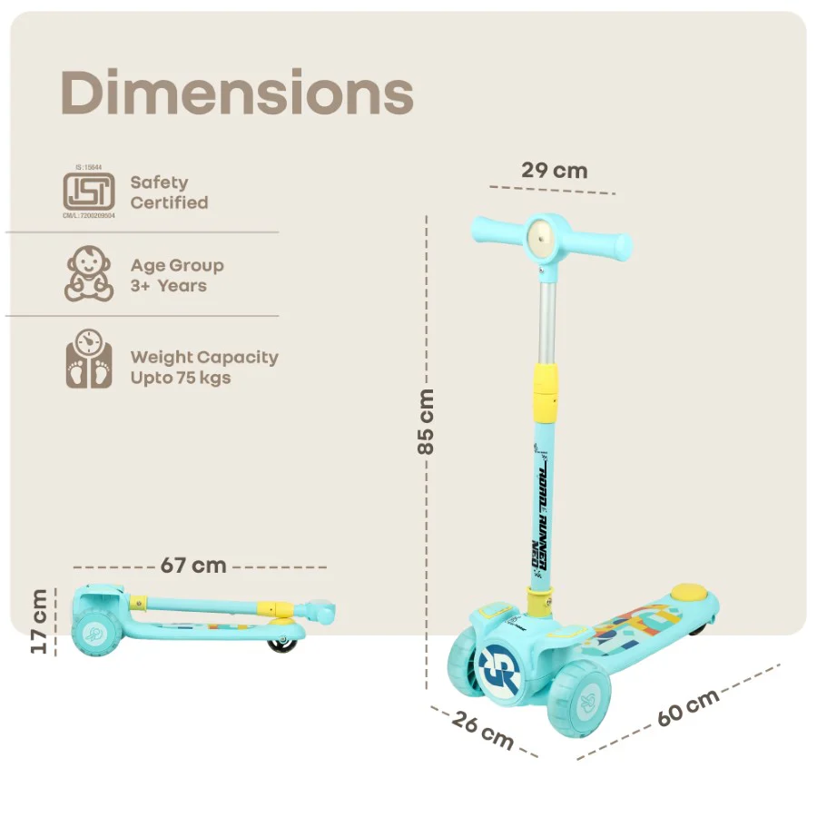 Road Runner Neo Kids Scooter with LED PU Wheels, Music, Gravity Steering, 4-Level Height Adjustment & BIS Certified Safety (3+ Years) - Blue Yellow - Image 9