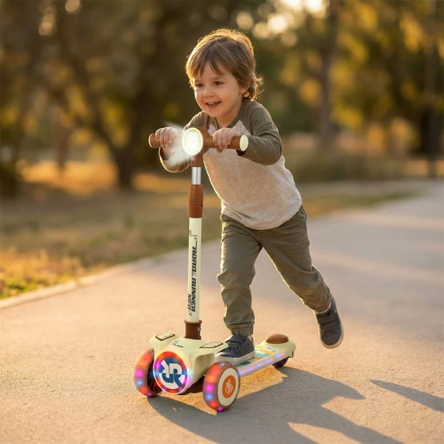 Road Runner Neo Kids Scooter with LED PU Wheels, Music, Gravity Steering, 4-Level Height Adjustment & BIS Certified Safety (3+ Years) - Cream Brown