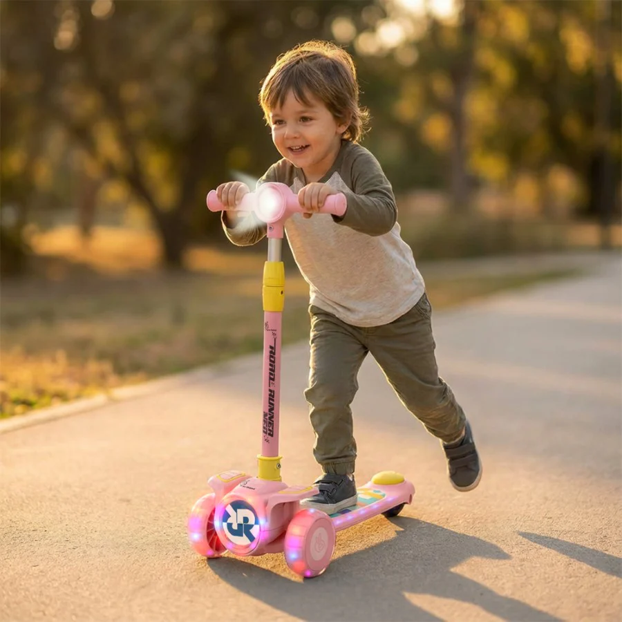 Road Runner Neo Kids Scooter with LED PU Wheels, Music, Gravity Steering, 4-Level Height Adjustment & BIS Certified Safety (3+ Years) - Pink Yellow