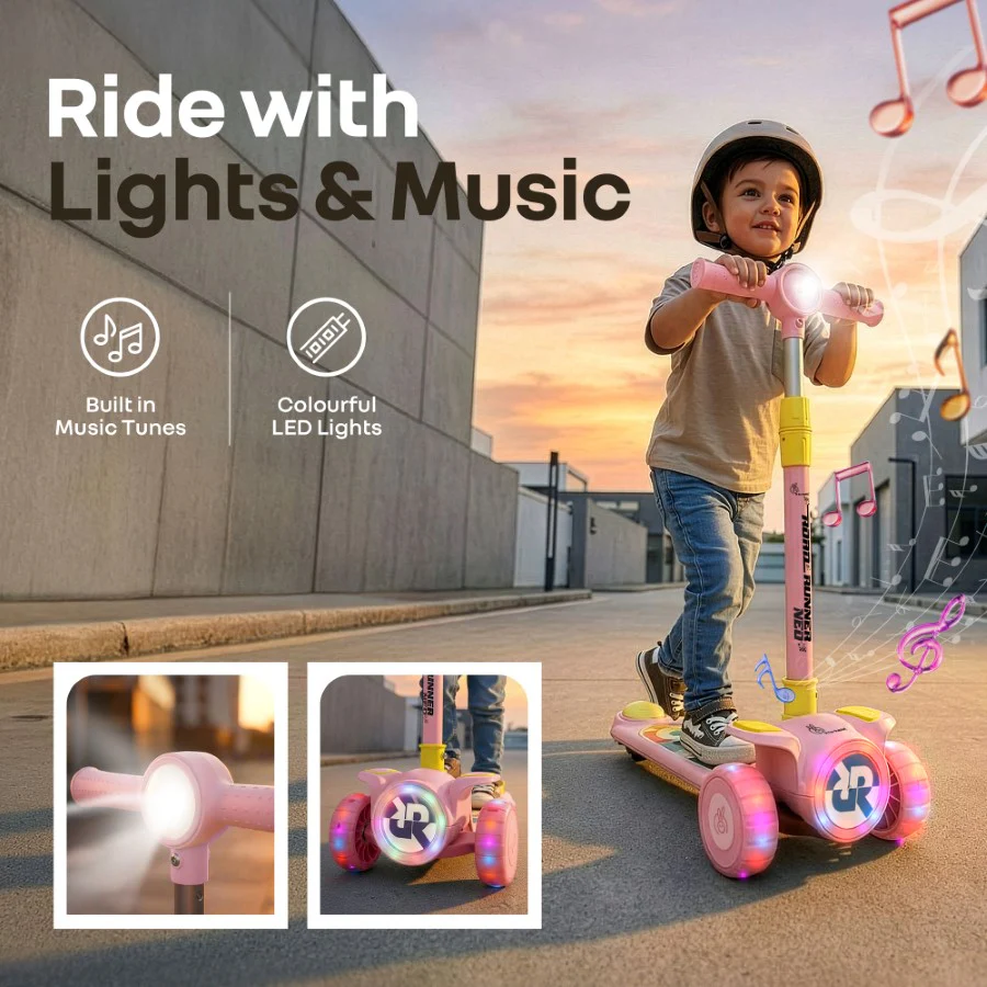 Road Runner Neo Kids Scooter with LED PU Wheels, Music, Gravity Steering, 4-Level Height Adjustment & BIS Certified Safety (3+ Years) - Pink Yellow - Image 2