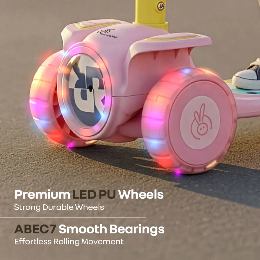 Road Runner Neo Kids Scooter with LED PU Wheels, Music, Gravity Steering, 4-Level Height Adjustment & BIS Certified Safety (3+ Years) - Pink Yellow - Image 4