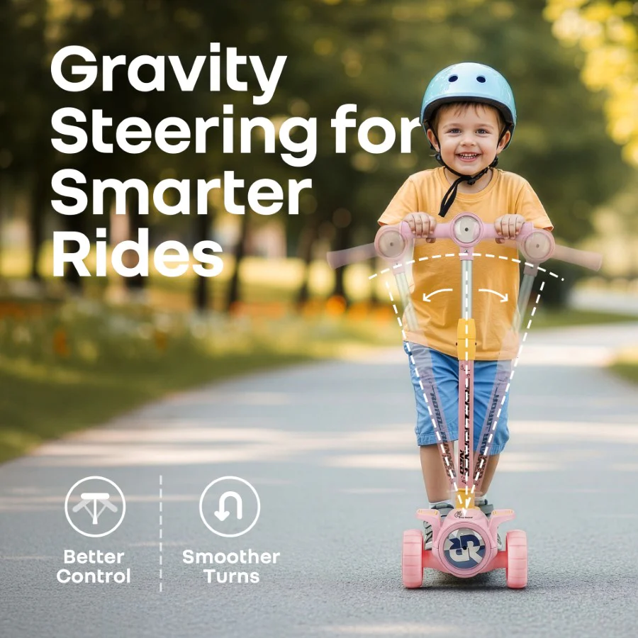 Road Runner Neo Kids Scooter with LED PU Wheels, Music, Gravity Steering, 4-Level Height Adjustment & BIS Certified Safety (3+ Years) - Pink Yellow - Image 6