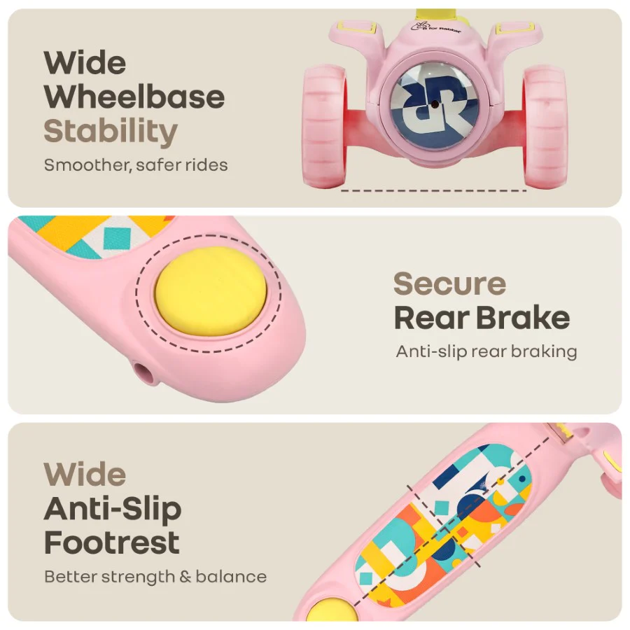 Road Runner Neo Kids Scooter with LED PU Wheels, Music, Gravity Steering, 4-Level Height Adjustment & BIS Certified Safety (3+ Years) - Pink Yellow - Image 7
