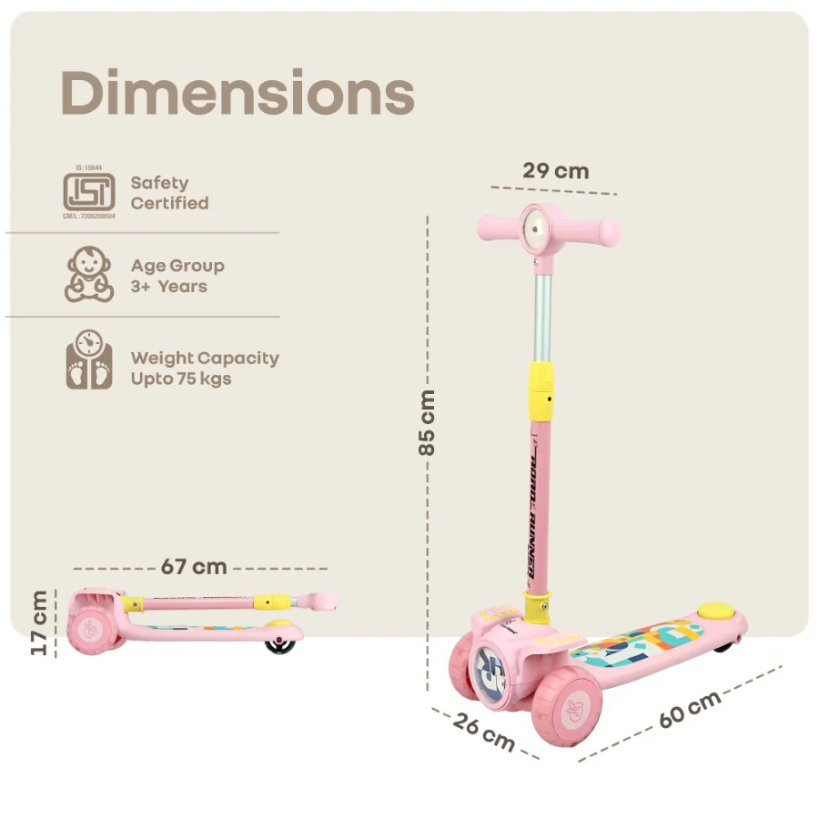 Road Runner Neo Kids Scooter with LED PU Wheels, Music, Gravity Steering, 4-Level Height Adjustment & BIS Certified Safety (3+ Years) - Pink Yellow - Image 9