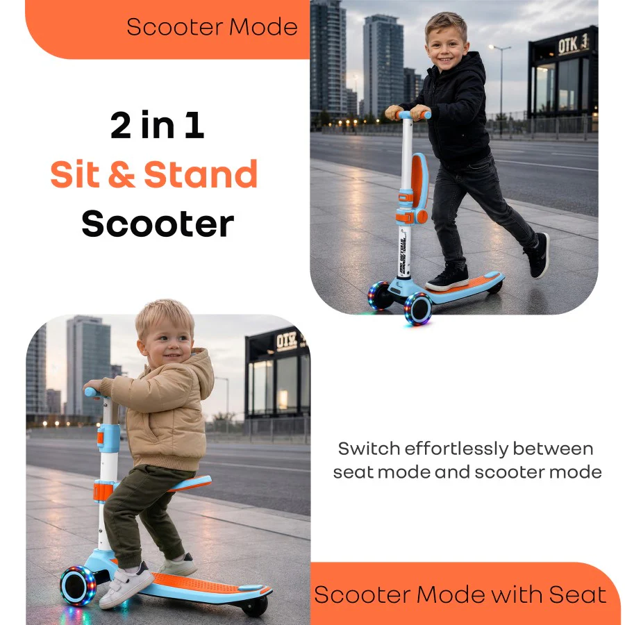 Road Runner Stellar Duo 2 in 1 Kick Scooter with Removable Seat - Adjustable Height - Colourful LED Lights - ABEC 7 Bearings - BIS Certified Kids Scooter - Age 3+ Years - Blue Orange - Image 2