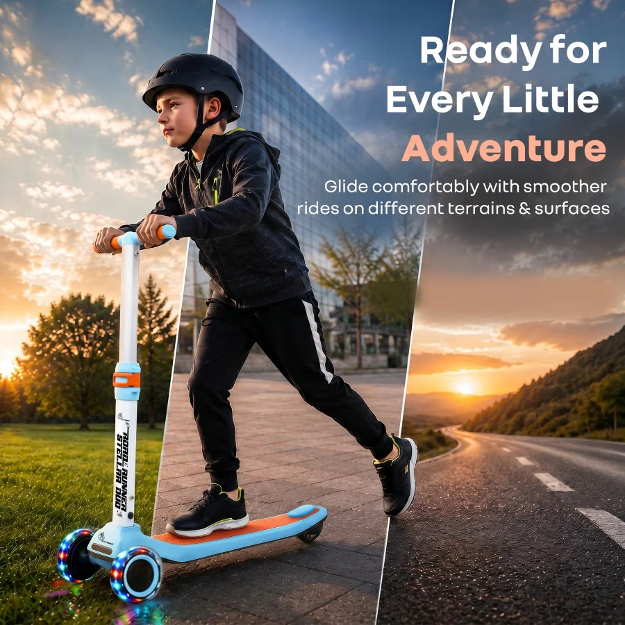 Road Runner Stellar Duo 2 in 1 Kick Scooter with Removable Seat - Adjustable Height - Colourful LED Lights - ABEC 7 Bearings - BIS Certified Kids Scooter - Age 3+ Years - Blue Orange - Image 3
