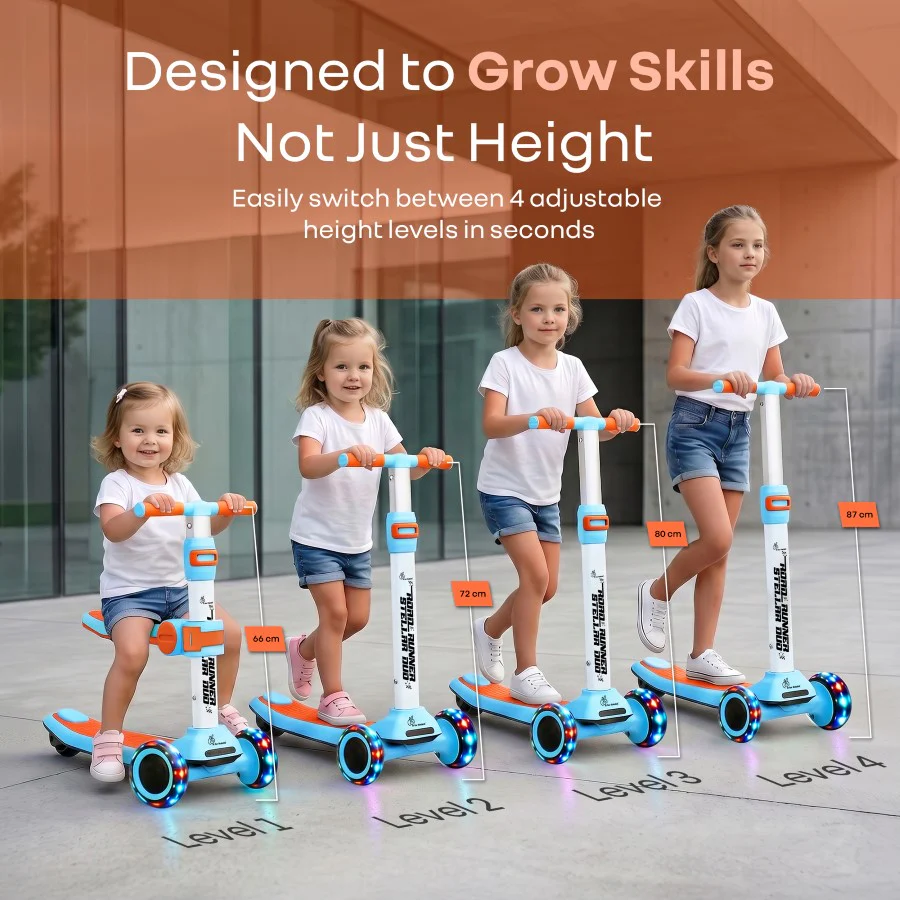 Road Runner Stellar Duo 2 in 1 Kick Scooter with Removable Seat - Adjustable Height - Colourful LED Lights - ABEC 7 Bearings - BIS Certified Kids Scooter - Age 3+ Years - Blue Orange - Image 4