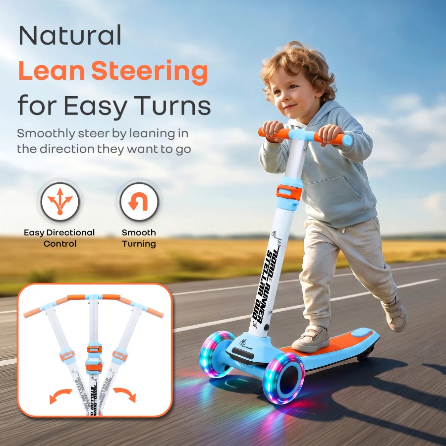 Road Runner Stellar Duo 2 in 1 Kick Scooter with Removable Seat - Adjustable Height - Colourful LED Lights - ABEC 7 Bearings - BIS Certified Kids Scooter - Age 3+ Years - Blue Orange - Image 6