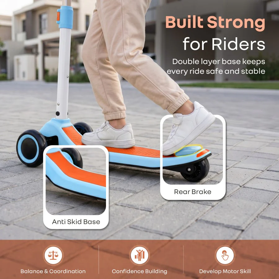 Road Runner Stellar Duo 2 in 1 Kick Scooter with Removable Seat - Adjustable Height - Colourful LED Lights - ABEC 7 Bearings - BIS Certified Kids Scooter - Age 3+ Years - Blue Orange - Image 8