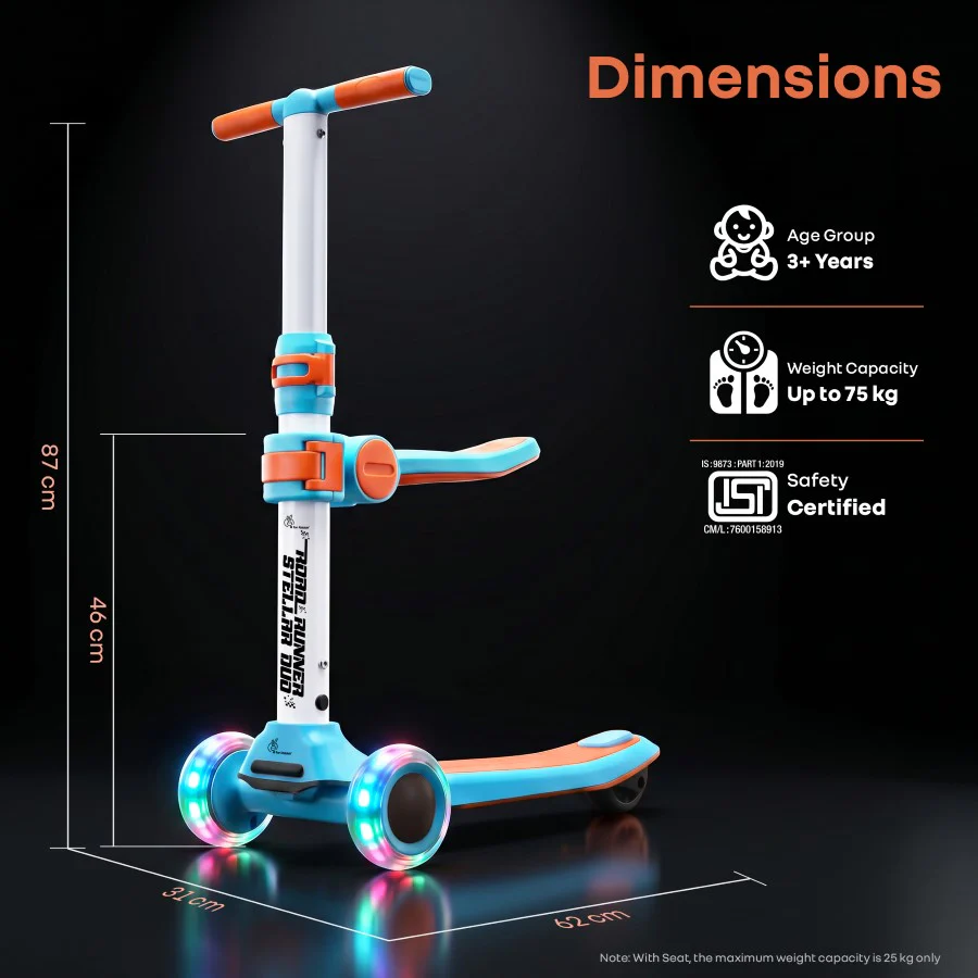 Road Runner Stellar Duo 2 in 1 Kick Scooter with Removable Seat - Adjustable Height - Colourful LED Lights - ABEC 7 Bearings - BIS Certified Kids Scooter - Age 3+ Years - Blue Orange - Image 9