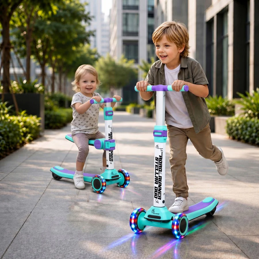 Road Runner Stellar Duo 2 in 1 Kick Scooter with Attachable Seat - Gravity Steering & Lean-to-Steer - Wide Wheelbase - Anti-Slip Footrest - ABEC 7 Bearings - BIS Certified - Age 3+ Years - Green Purple