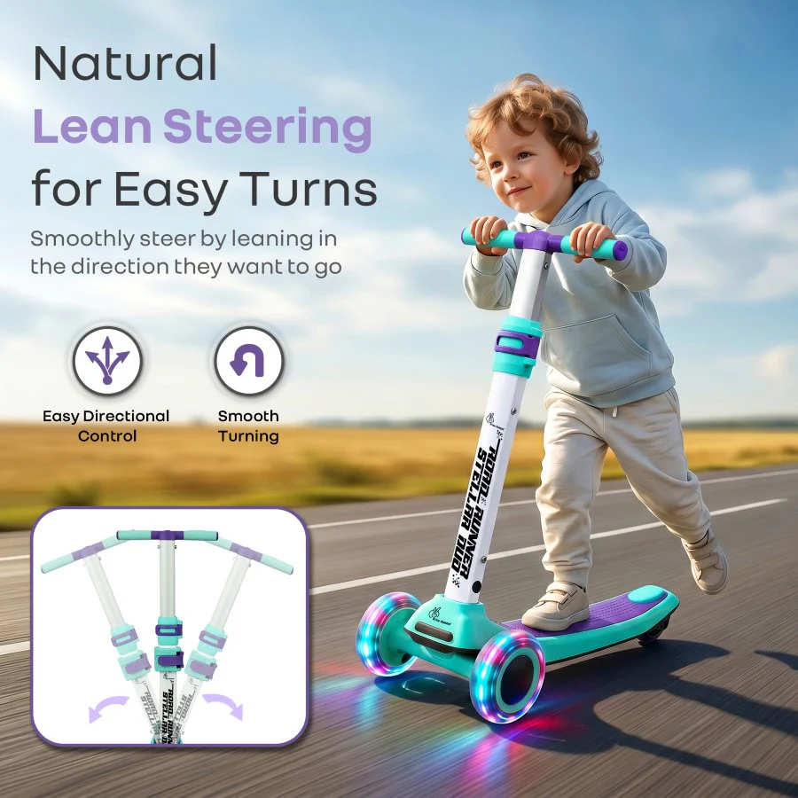 Road Runner Stellar Duo 2 in 1 Kick Scooter with Attachable Seat - Gravity Steering & Lean-to-Steer - Wide Wheelbase - Anti-Slip Footrest - ABEC 7 Bearings - BIS Certified - Age 3+ Years - Green Purple - Image 6