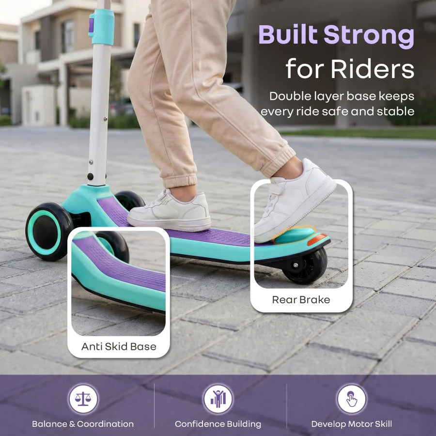 Road Runner Stellar Duo 2 in 1 Kick Scooter with Attachable Seat - Gravity Steering & Lean-to-Steer - Wide Wheelbase - Anti-Slip Footrest - ABEC 7 Bearings - BIS Certified - Age 3+ Years - Green Purple - Image 8