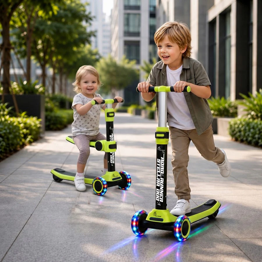 Road Runner Stellar Duo 2 in 1 Kick Scooter with Detachable Seat - Sit & Stand Scooter for Toddlers - Adjustable Height - LED PU Wheels - ABEC 7 Bearings - BIS Certified - Age 3+ Years - Neon Black