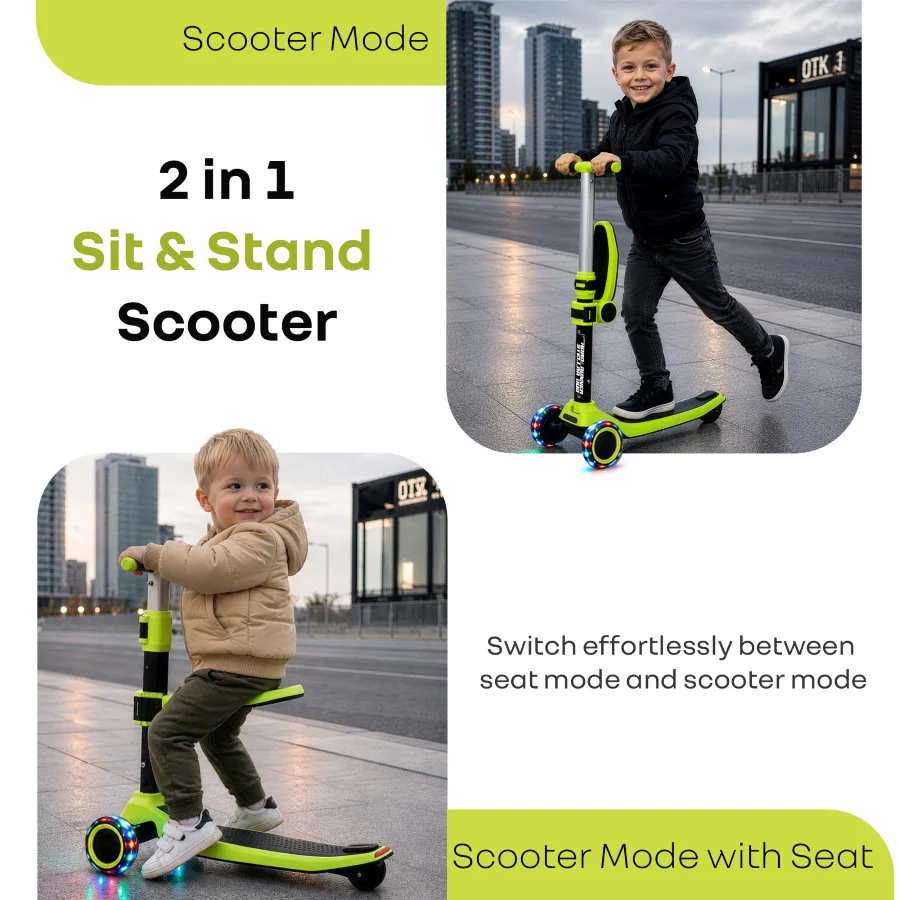 Road Runner Stellar Duo 2 in 1 Kick Scooter with Detachable Seat - Sit & Stand Scooter for Toddlers - Adjustable Height - LED PU Wheels - ABEC 7 Bearings - BIS Certified - Age 3+ Years - Neon Black - Image 2