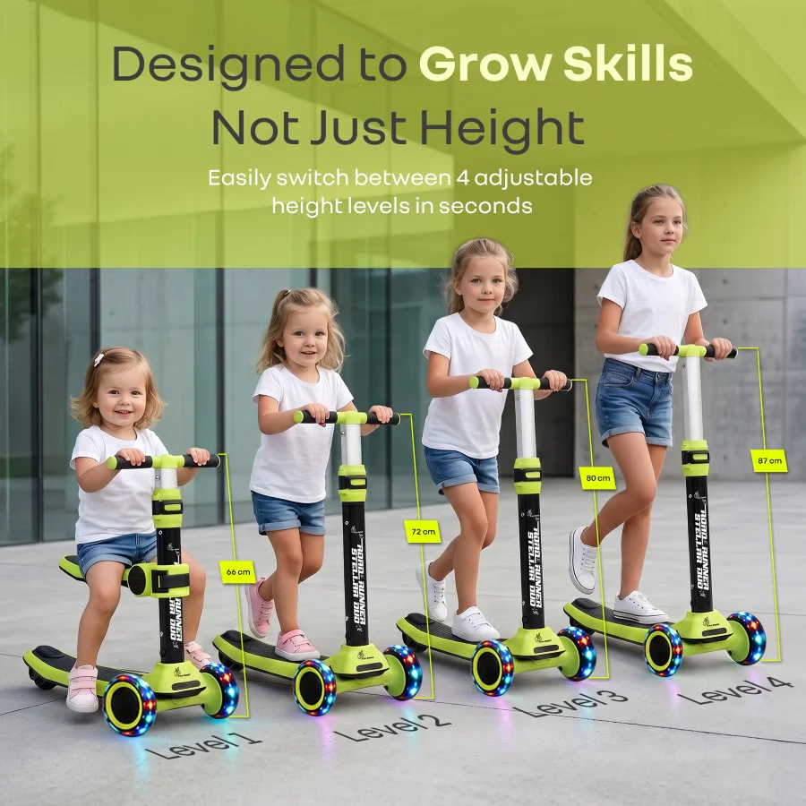 Road Runner Stellar Duo 2 in 1 Kick Scooter with Detachable Seat - Sit & Stand Scooter for Toddlers - Adjustable Height - LED PU Wheels - ABEC 7 Bearings - BIS Certified - Age 3+ Years - Neon Black - Image 4