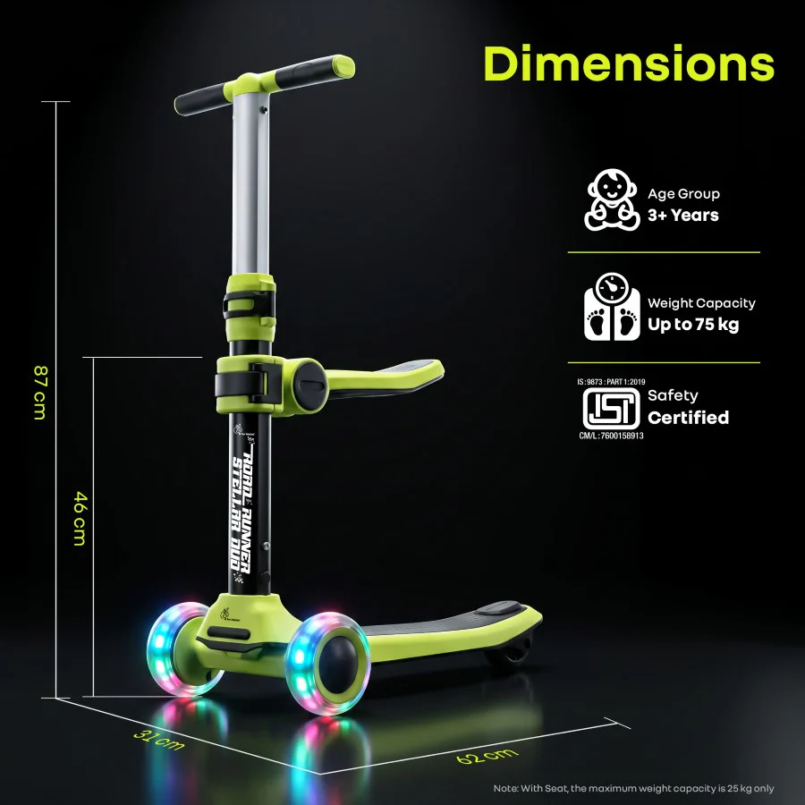 Road Runner Stellar Duo 2 in 1 Kick Scooter with Detachable Seat - Sit & Stand Scooter for Toddlers - Adjustable Height - LED PU Wheels - ABEC 7 Bearings - BIS Certified - Age 3+ Years - Neon Black - Image 9