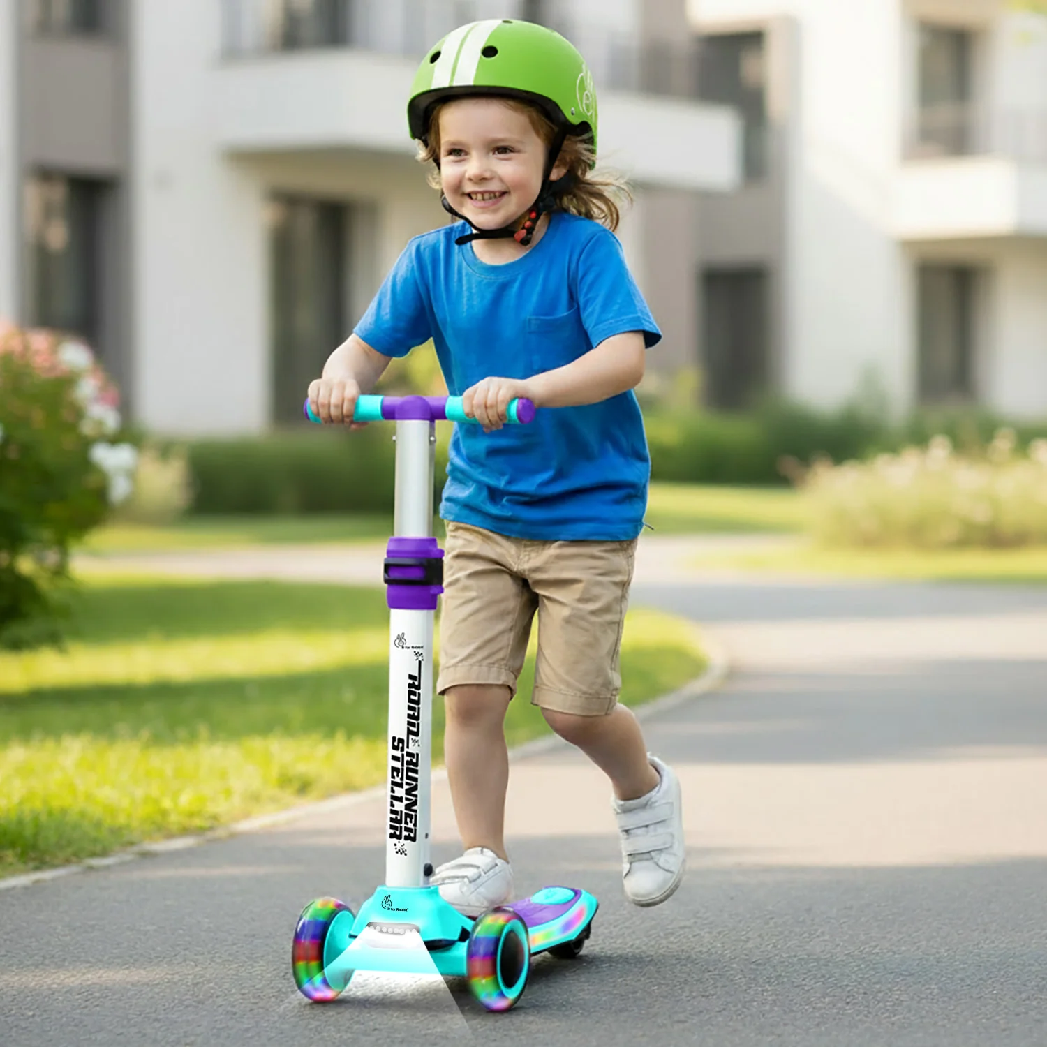 Road Runner Stellar - LED Scooter for Kids with Bluetooth Music, Adjustable Height & Smooth Ride - Green Purple