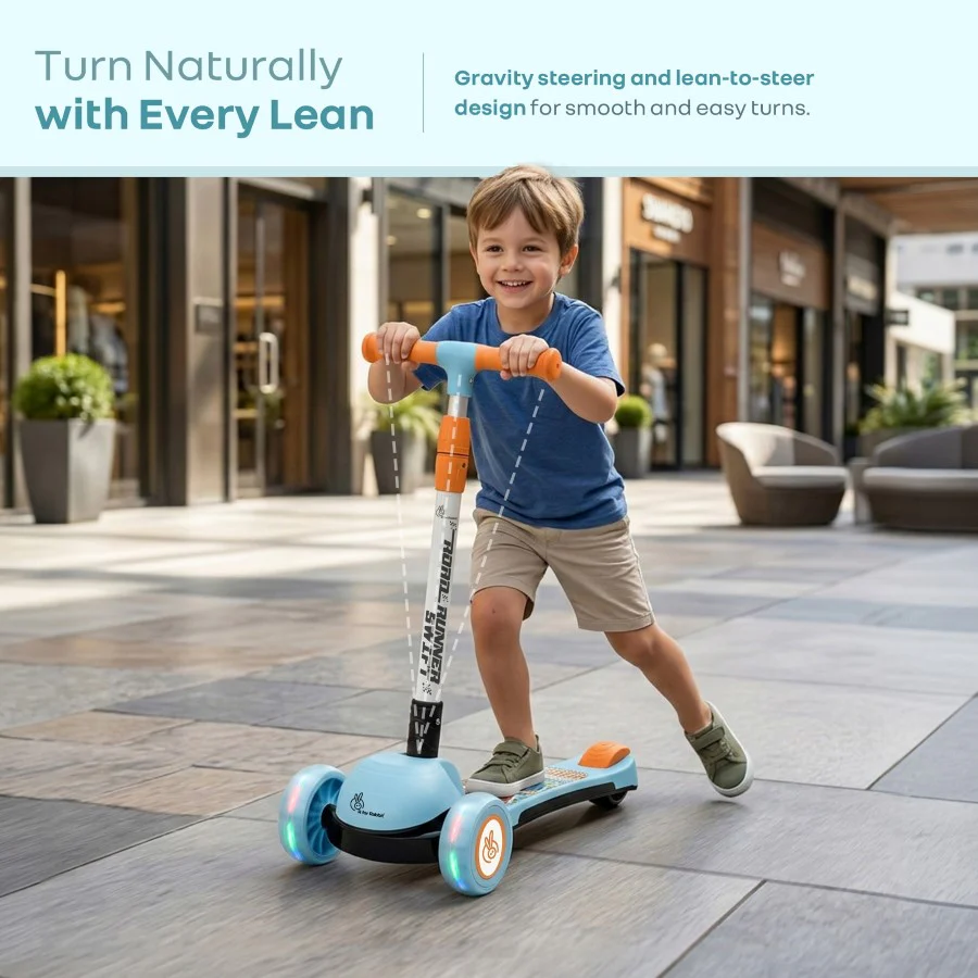 Road Runner Swift Kids Scooter - 3 Level Height Adjustable, Foldable, LED PU Wheels with Gravity Steering - Blue Orange - Image 2