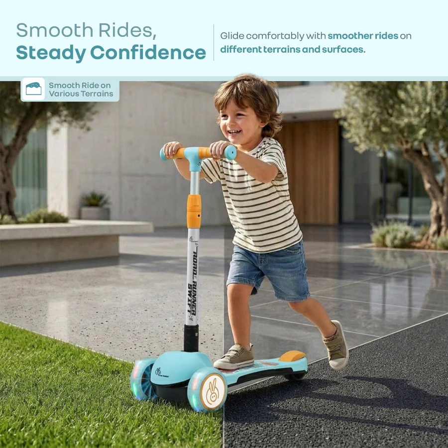 Road Runner Swift Kids Scooter - 3 Level Height Adjustable, Foldable, LED PU Wheels with Gravity Steering - Blue Orange - Image 3