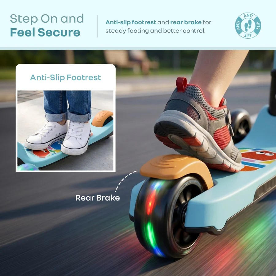 Road Runner Swift Kids Scooter - 3 Level Height Adjustable, Foldable, LED PU Wheels with Gravity Steering - Blue Orange - Image 6
