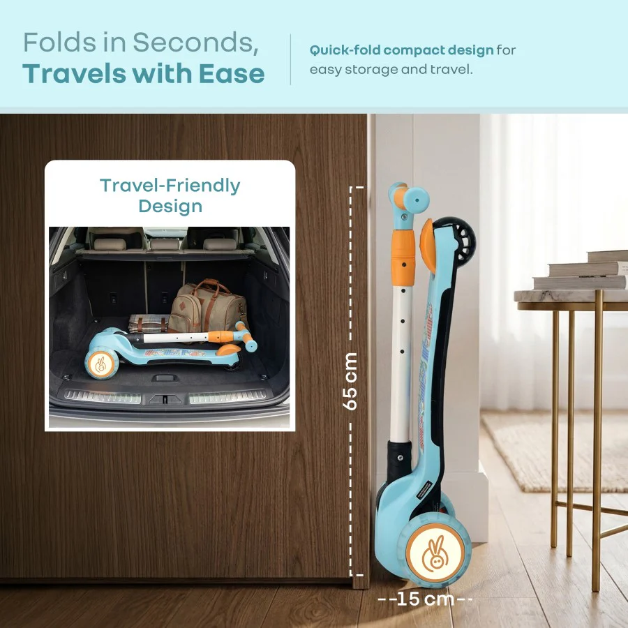 Road Runner Swift Kids Scooter - 3 Level Height Adjustable, Foldable, LED PU Wheels with Gravity Steering - Blue Orange - Image 7