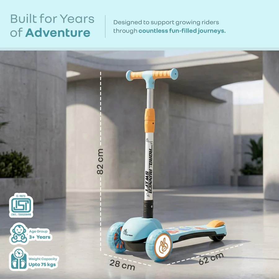 Road Runner Swift Kids Scooter - 3 Level Height Adjustable, Foldable, LED PU Wheels with Gravity Steering - Blue Orange - Image 8