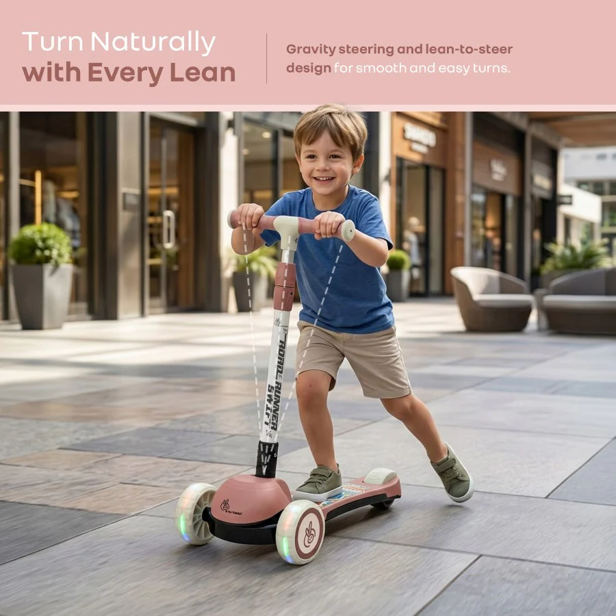 Road Runner Swift Kids Scooter - 3 Level Height Adjustable, Foldable, LED PU Wheels with Gravity Steering - Dusty Rose - Image 2