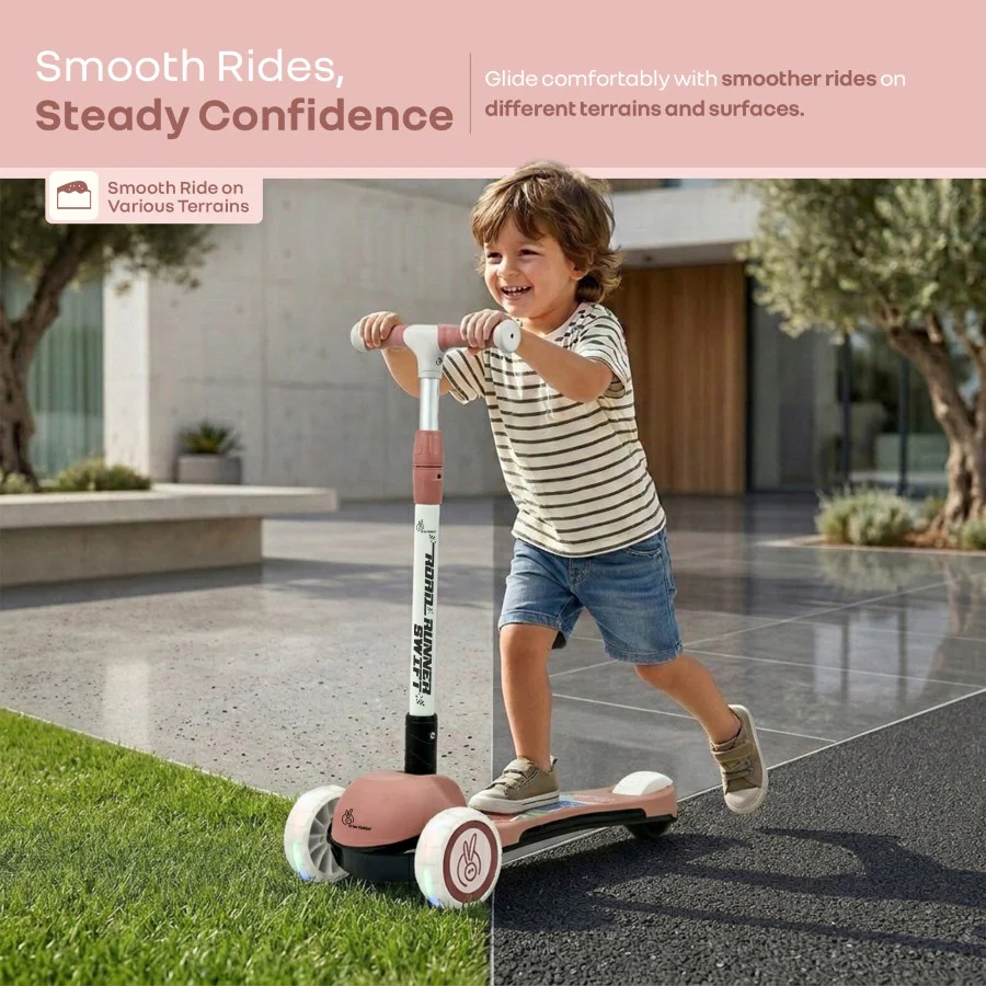 Road Runner Swift Kids Scooter - 3 Level Height Adjustable, Foldable, LED PU Wheels with Gravity Steering - Dusty Rose - Image 3