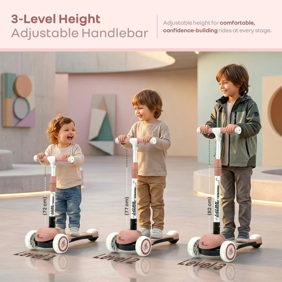 Road Runner Swift Kids Scooter - 3 Level Height Adjustable, Foldable, LED PU Wheels with Gravity Steering - Dusty Rose - Image 4