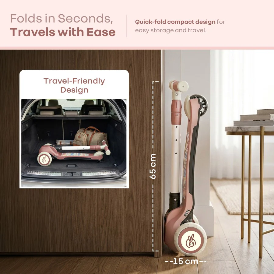 Road Runner Swift Kids Scooter - 3 Level Height Adjustable, Foldable, LED PU Wheels with Gravity Steering - Dusty Rose - Image 7