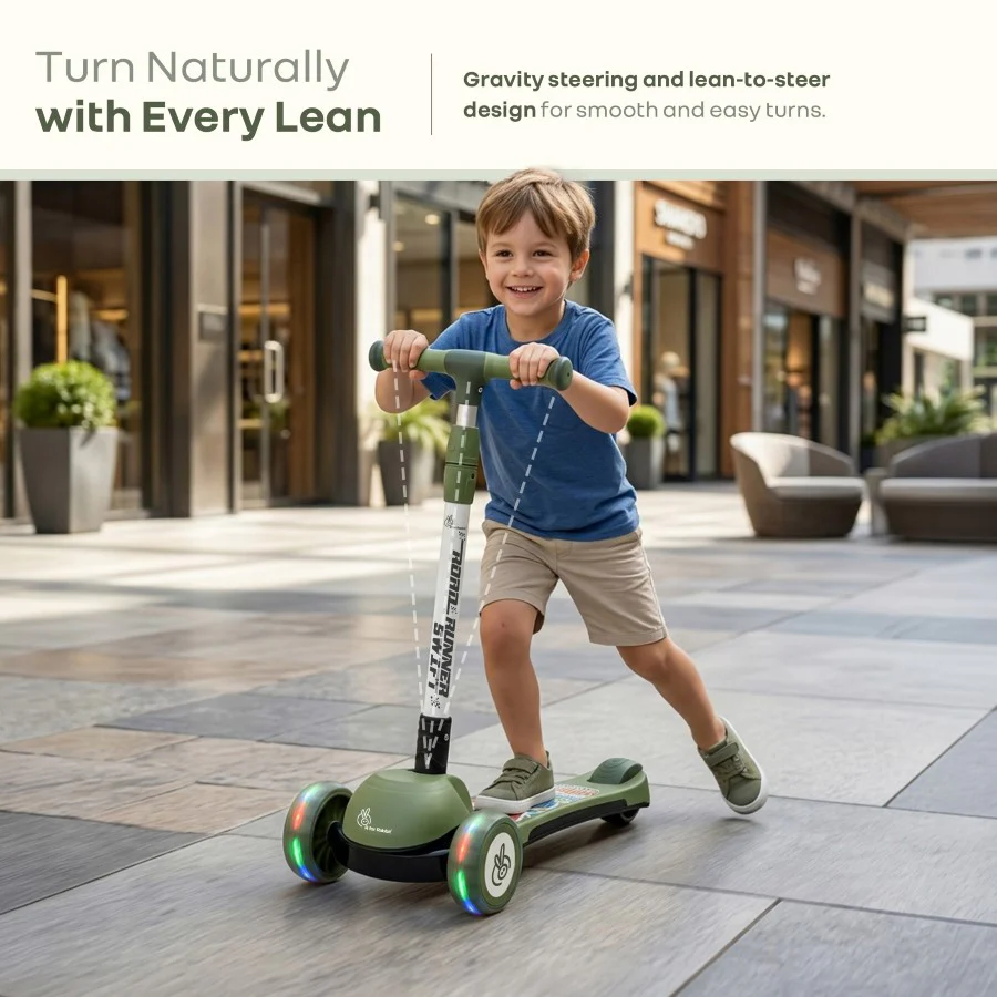 Road Runner Swift Kids Scooter - 3 Level Height Adjustable, Foldable, LED PU Wheels with Gravity Steering - Military Green - Image 2